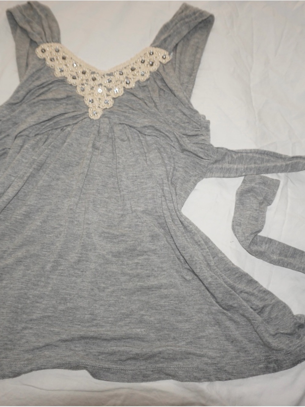 Women's Gray Sleeveless Top with Beaded Cream Accent
